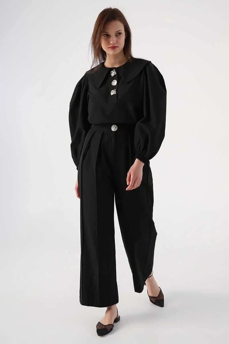 Allday Black-Gold Buttoned Large Collar Trouser Suit