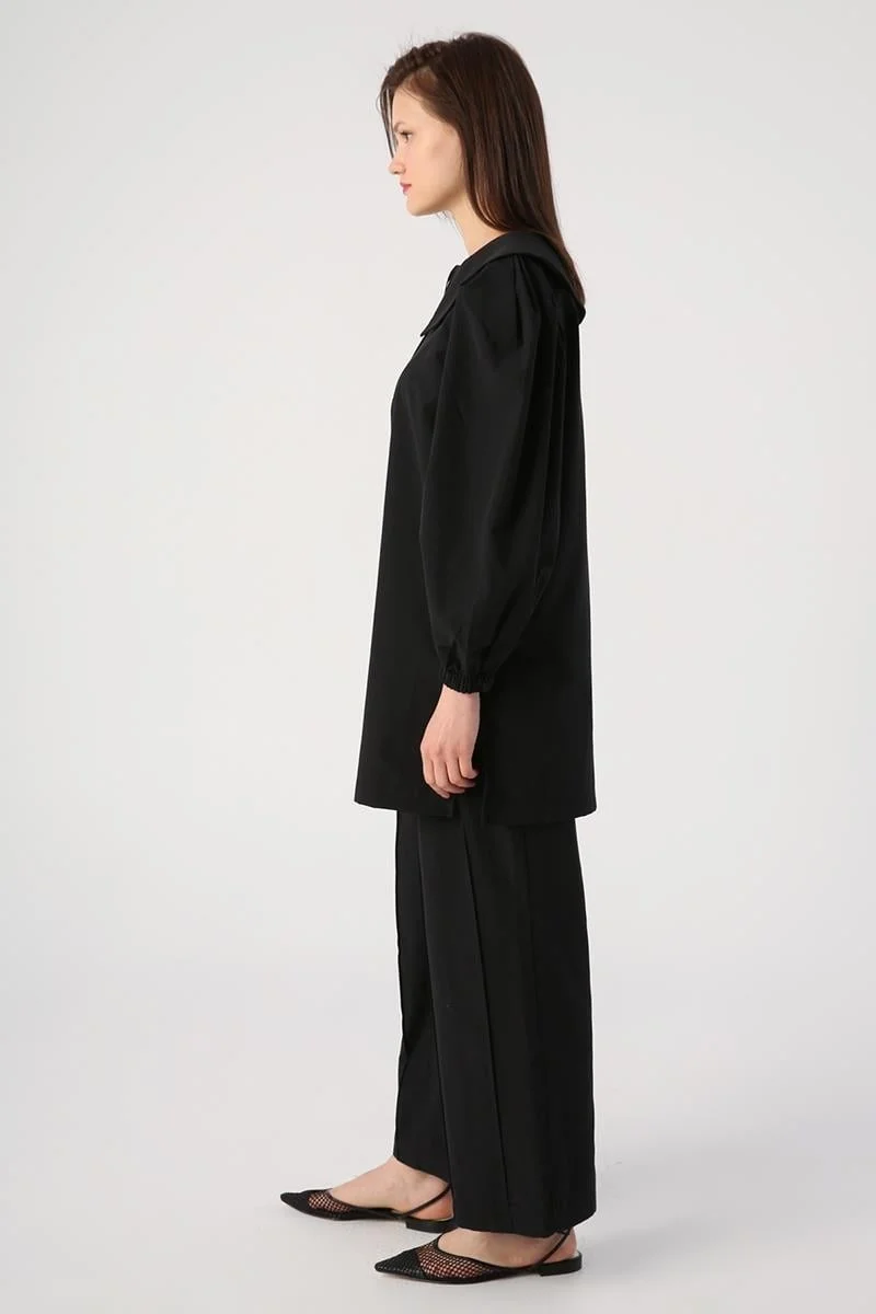 Allday Black-Gold Buttoned Large Collar Trouser Suit