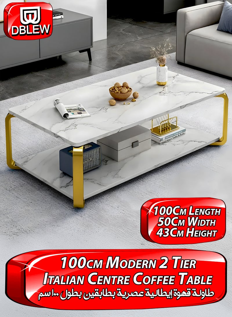 دي بلو طاولة قهوة مستطيلة فاخرة بطبقتين بتصميم رخامي أبيض صناعي مودرن – طاولة وسط أنيقة للمشروبات والكنبة مع قاعدة من الفولاذ الذهبي، مناسبة لغرفة المعيشة، المكتب، الاستقبال، المطعم، بهو الفندق، غرفة النوم، المنزل، الحديقة الخارجية، أو فناء المنزل – طاولة شاي بتصميم عصري مع رف تخزين سفلي – المقاس: 100×50×43 سم - Image 1