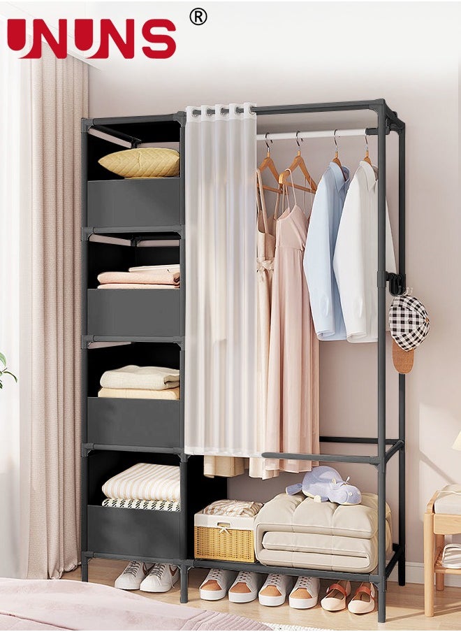 UNUNS - Portable Wardrobe Storage Closet,Clothes Storage Cabinet With Curtain,For Living Room,Bedroom,Clothes Room,Black,105x45x170cm - Image 1