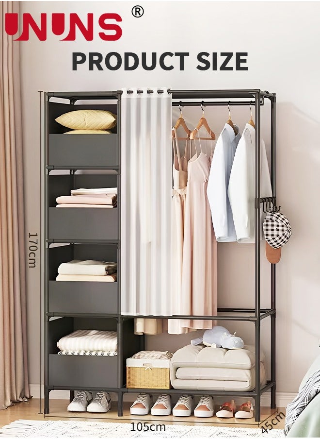 UNUNS - Portable Wardrobe Storage Closet,Clothes Storage Cabinet With Curtain,For Living Room,Bedroom,Clothes Room,Black,105x45x170cm - Image 1