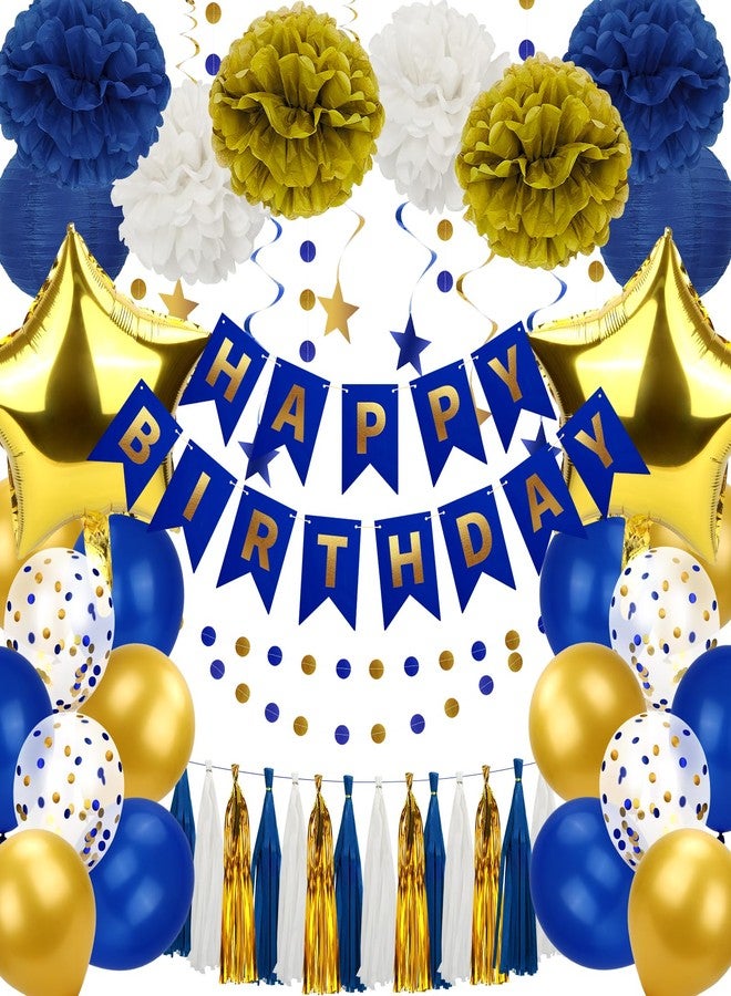 Marwey Blue and Gold Party Decorations - 50pcs Birthday Decor for Men Boy Kids with Happy Birthday Banner, Balloons, Hanging Swirls, Pom Poms, Lantern, Garland Party Supplies - Image 3