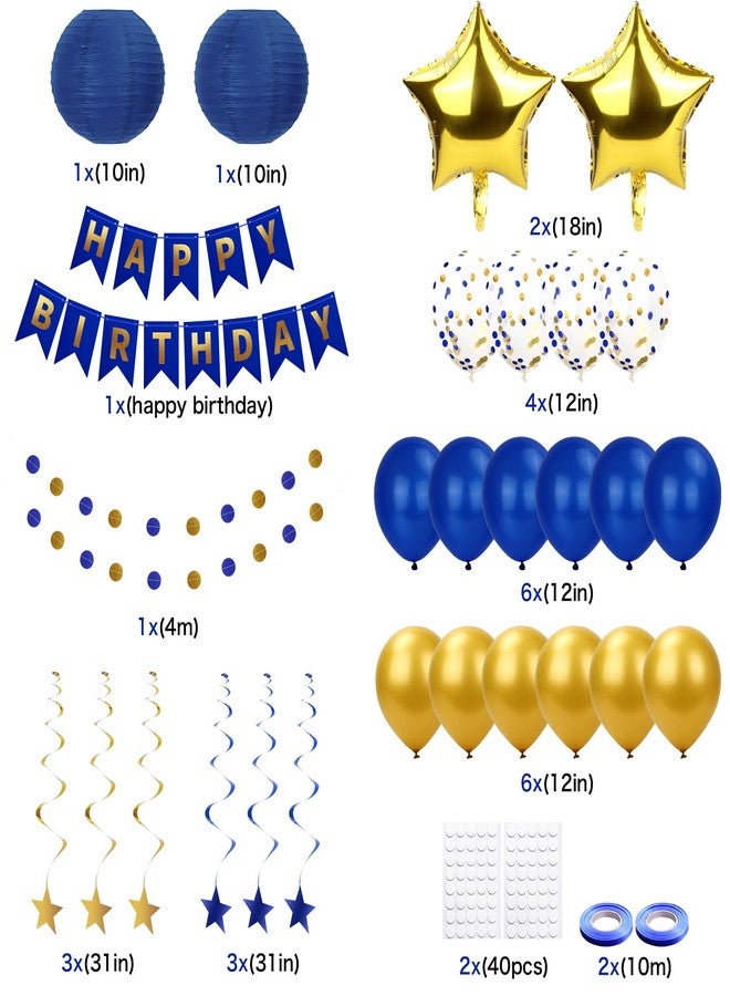 Marwey Blue and Gold Party Decorations - 50pcs Birthday Decor for Men Boy Kids with Happy Birthday Banner, Balloons, Hanging Swirls, Pom Poms, Lantern, Garland Party Supplies - Image 4