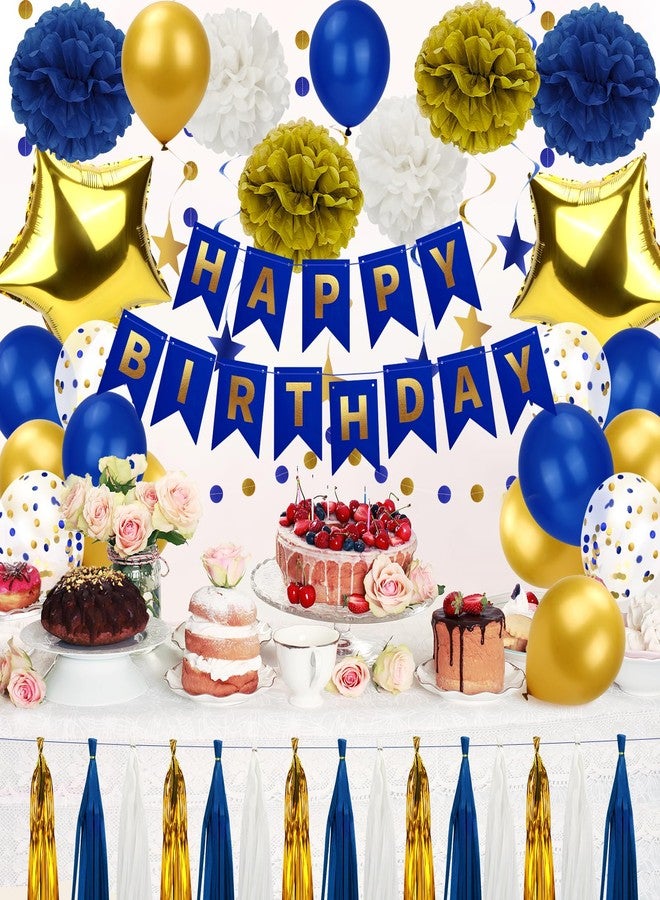 Marwey Blue and Gold Party Decorations - 50pcs Birthday Decor for Men Boy Kids with Happy Birthday Banner, Balloons, Hanging Swirls, Pom Poms, Lantern, Garland Party Supplies - Image 1