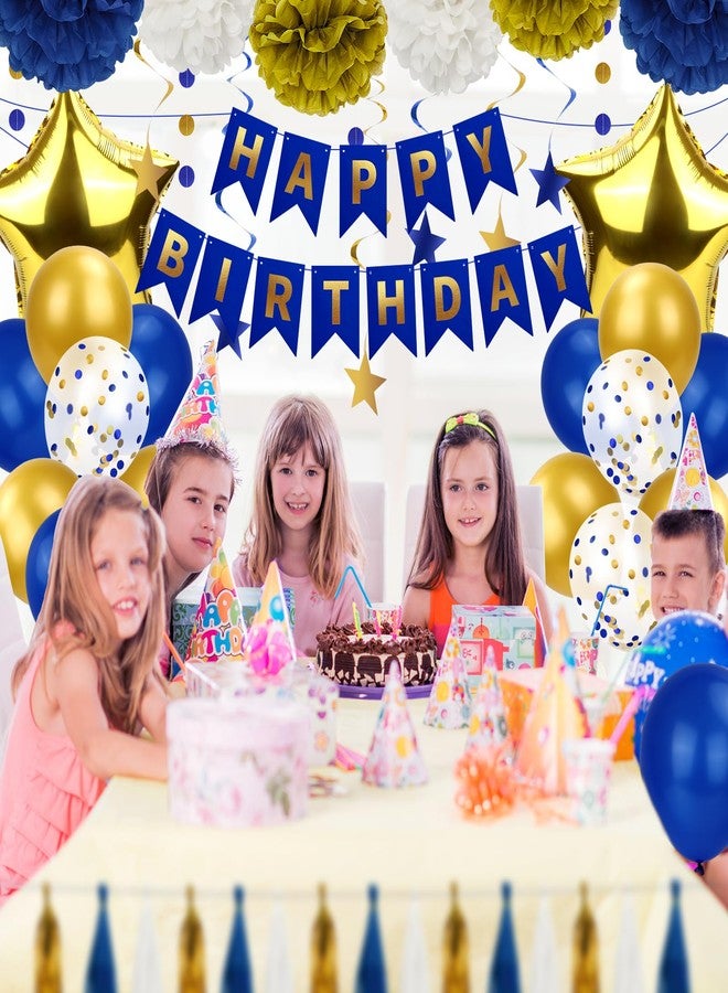 Marwey Blue and Gold Party Decorations - 50pcs Birthday Decor for Men Boy Kids with Happy Birthday Banner, Balloons, Hanging Swirls, Pom Poms, Lantern, Garland Party Supplies - Image 2