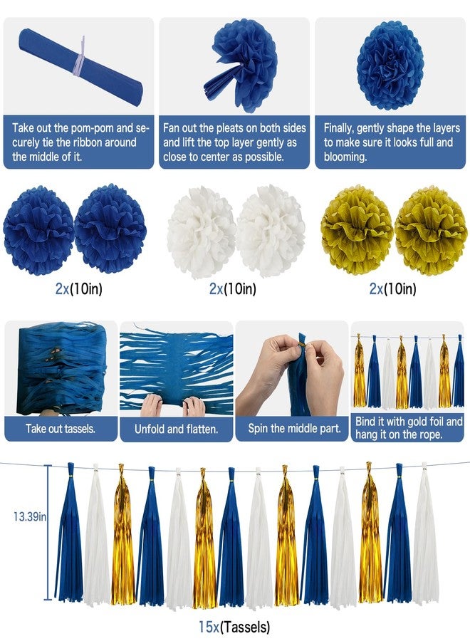 Marwey Blue and Gold Party Decorations - 50pcs Birthday Decor for Men Boy Kids with Happy Birthday Banner, Balloons, Hanging Swirls, Pom Poms, Lantern, Garland Party Supplies - Image 5