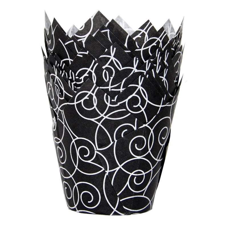 QLSmypkg Muffin Greaseproof paper Baking cupcake cups, 2"(Bottom diameter) x 3-1/2"(Height) Black Fancy Floral Print Tulip Baking Cup Case of 125 pcs (125, Standard) - Image 1