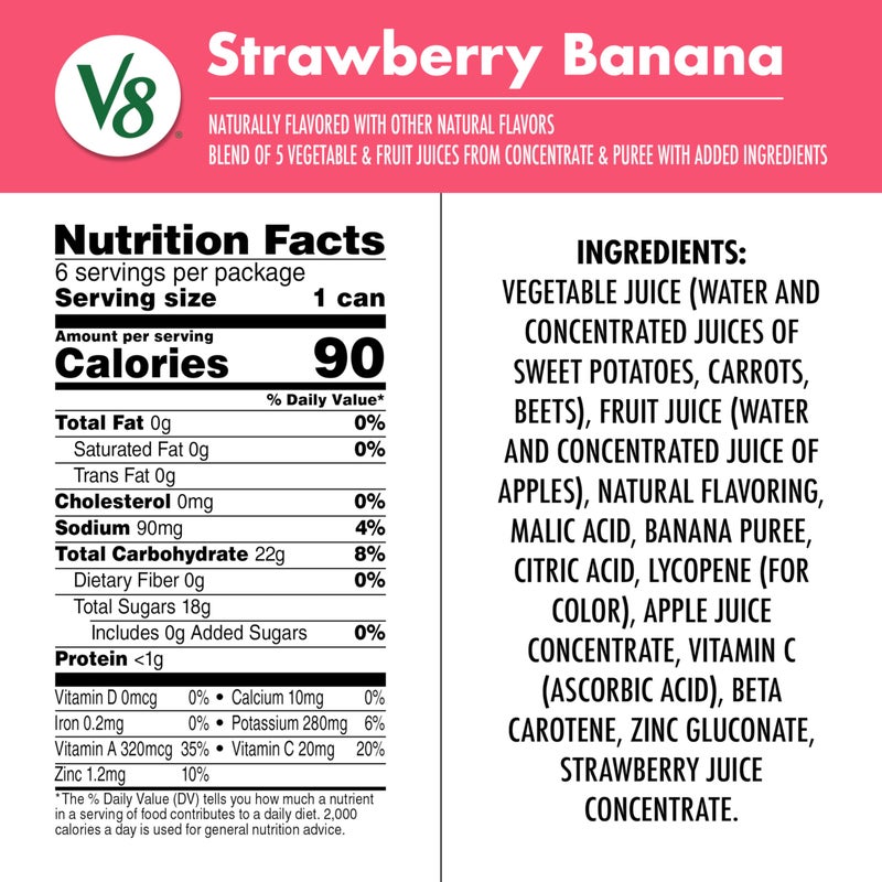 V8 Strawberry Banana 100% Fruit and Vegetable Juice, 8 fl oz Can (24 Pack) - Image 5