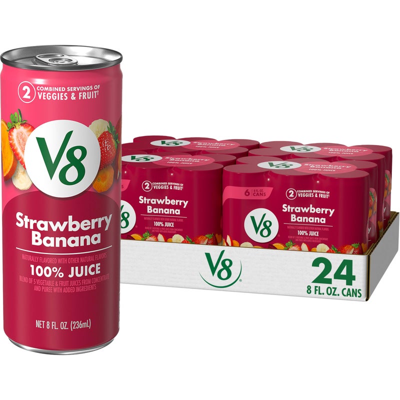 V8 Strawberry Banana 100% Fruit and Vegetable Juice, 8 fl oz Can (24 Pack) - Image 1