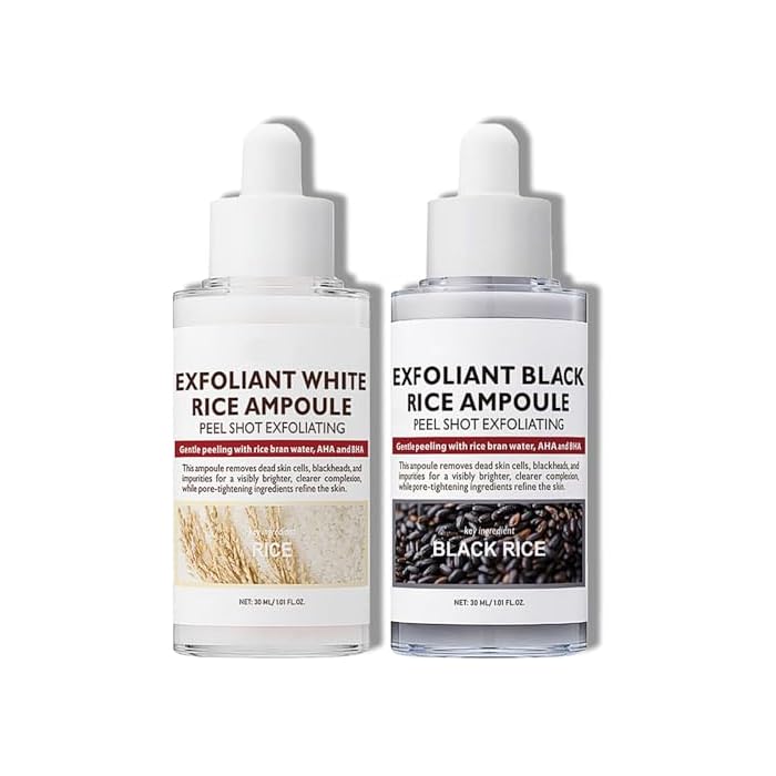 2PCS Peel Shot Glow Rice Ampoule Duo, Rice Exfoliating Ampoule Set, Black and White Rice Exfoliant, Rice Ampoule Duo Exfoliating Solution, Gentle Peel + Pore Minimizing & Deep Hydration for All Types