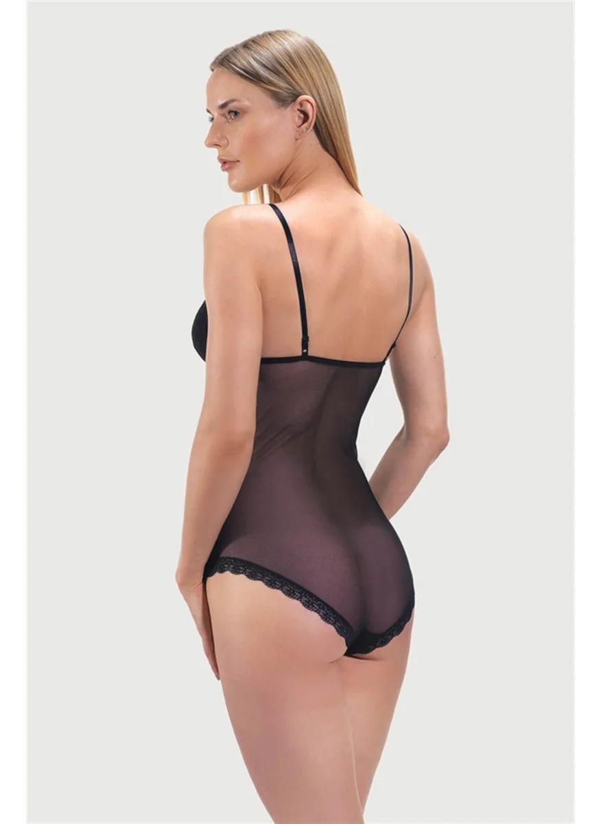 كوتن هيل Black Stud Lace Detailed Covered Low-cut Women's Bodysuit