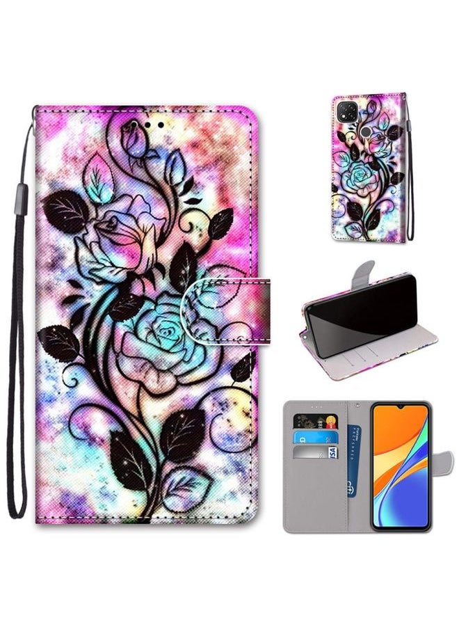HuHa Case Cover For Xiaomi Redmi 9C Coloured Drawing Cross Texture Horizontal Flip PU Leather Case with Holder & Card Slots & Wallet & Lanyard Color Bottom Hollow Flower 