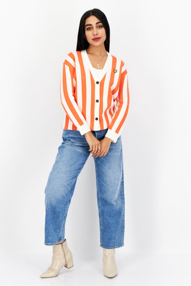 Lyle & Scott Women Stripe Long Sleeve Cardigan, Orange - Image 2