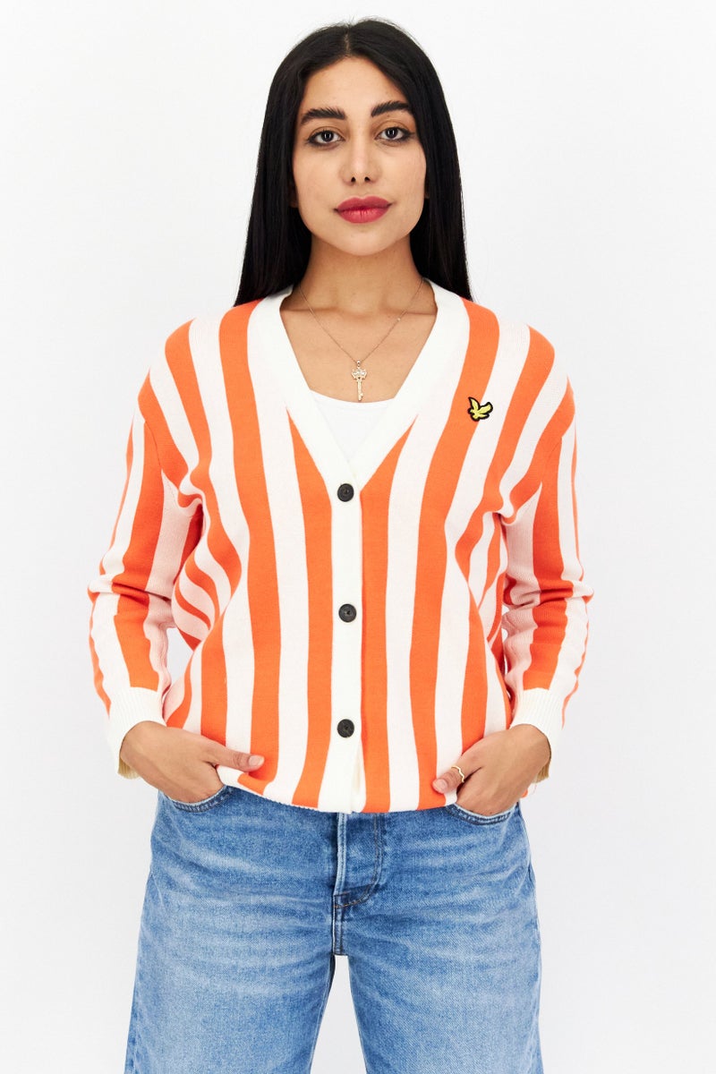 Lyle & Scott Women Stripe Long Sleeve Cardigan, Orange - Image 1