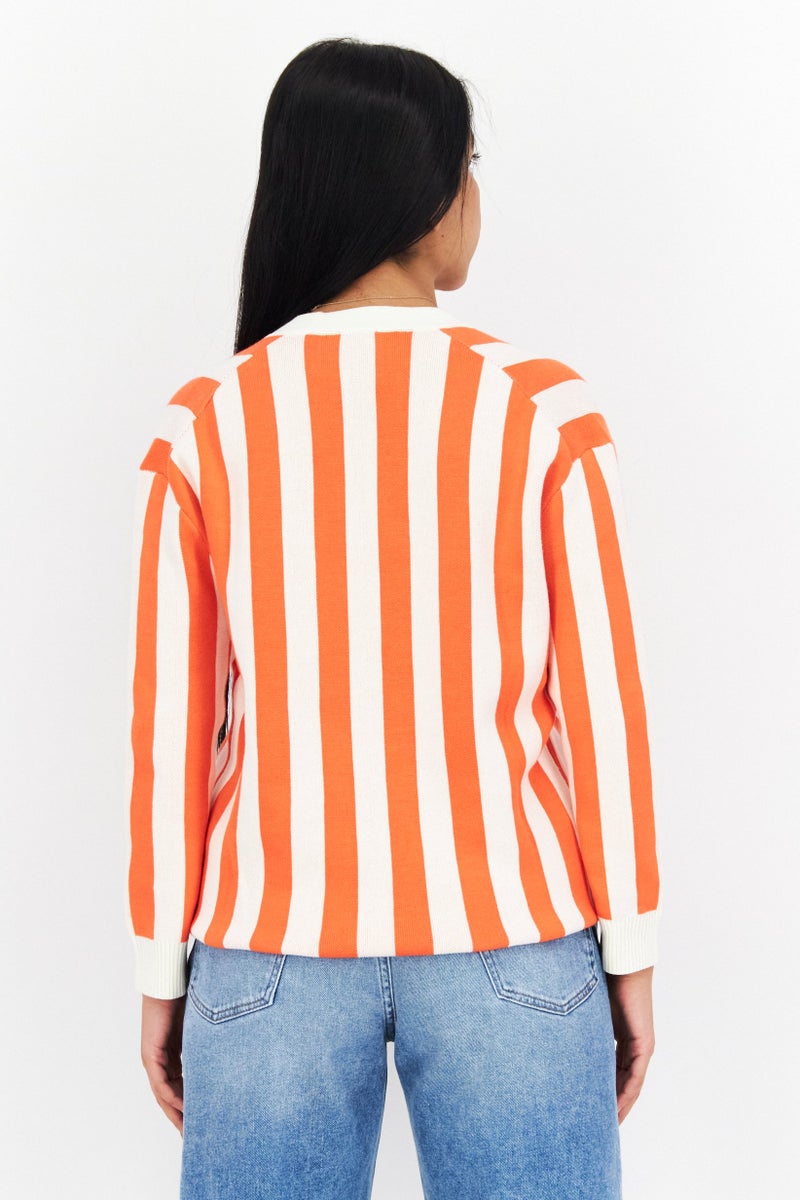 Lyle & Scott Women Stripe Long Sleeve Cardigan, Orange - Image 3