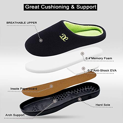 DL Mens Memory Foam Slip Ons, Comfy House Slippers For Men Indoor Outdoor, Cozy Mens Bedroom Slippers Warm Soft Flannel Lining Closed Toe Size 11-12 Black Green - Image 3