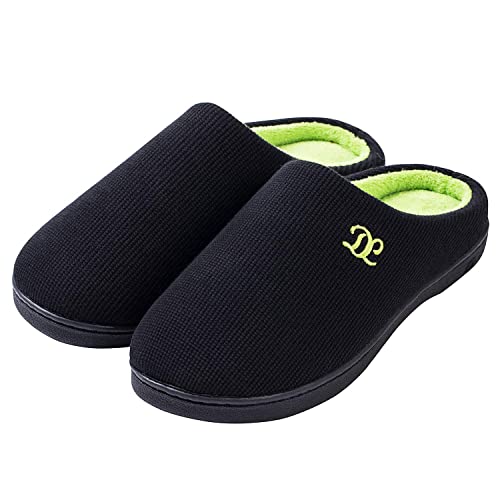 DL Mens Memory Foam Slip Ons, Comfy House Slippers For Men Indoor Outdoor, Cozy Mens Bedroom Slippers Warm Soft Flannel Lining Closed Toe Size 11-12 Black Green - Image 1