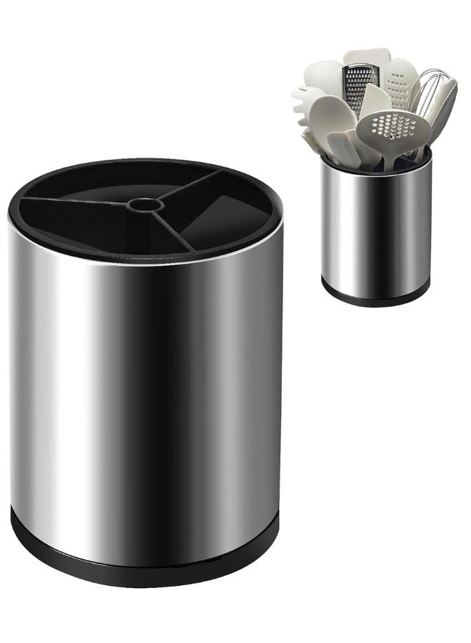 Happy Home 360 Degree Rotating Stainless Steel Kitchen Utensil Holder, Large Countertop Cookware Organizer, 3 Storage Compartments - Image 1