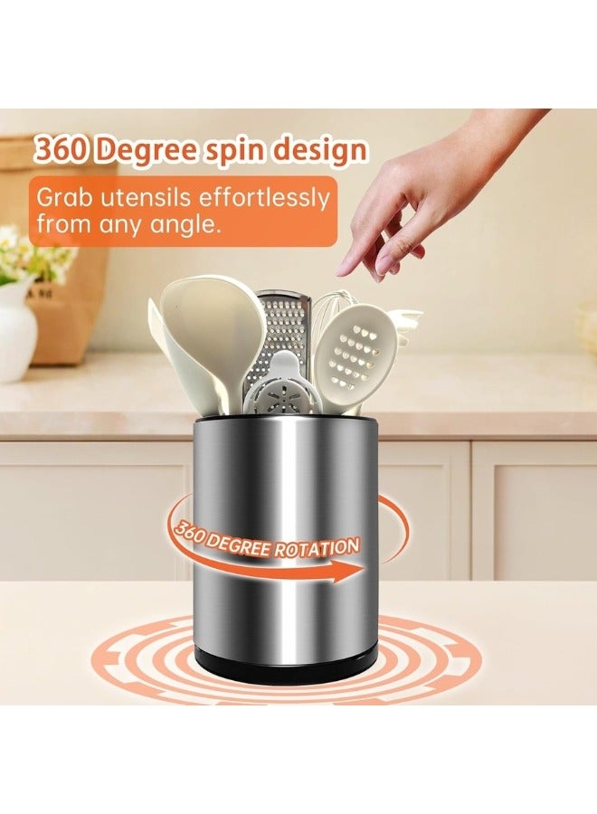 Happy Home 360 Degree Rotating Stainless Steel Kitchen Utensil Holder, Large Countertop Cookware Organizer, 3 Storage Compartments - Image 2