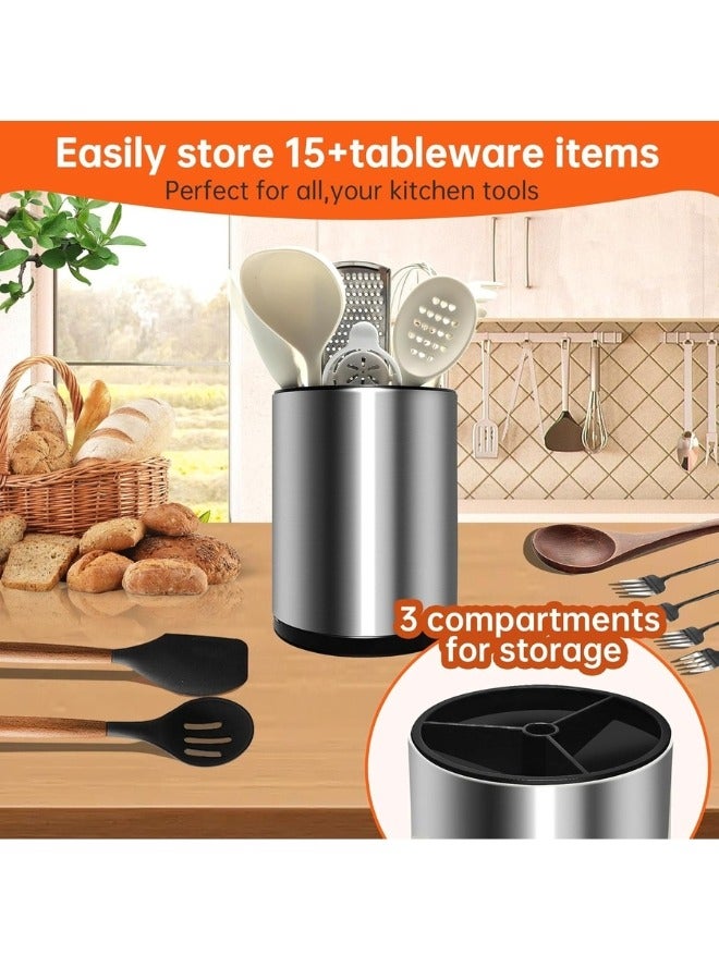 Happy Home 360 Degree Rotating Stainless Steel Kitchen Utensil Holder, Large Countertop Cookware Organizer, 3 Storage Compartments - Image 4
