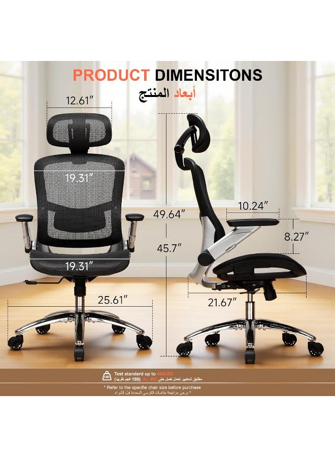 GTPLAYER Big and Tall Ergonomic High Back Home Office Desk Chair with Flip Up Armrests, Mesh Computer Study Chair with Adjustable Lumbar Support & Headrest, Executive Back-Friendly Chair - Black black - Image 2