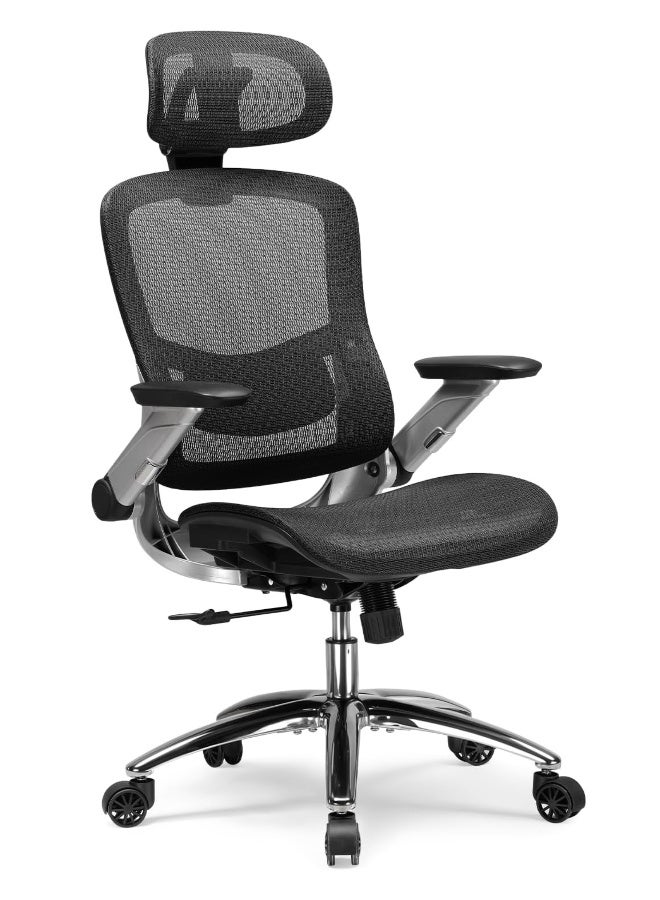 GTPLAYER Big and Tall Ergonomic High Back Home Office Desk Chair with Flip Up Armrests, Mesh Computer Study Chair with Adjustable Lumbar Support & Headrest, Executive Back-Friendly Chair - Black black