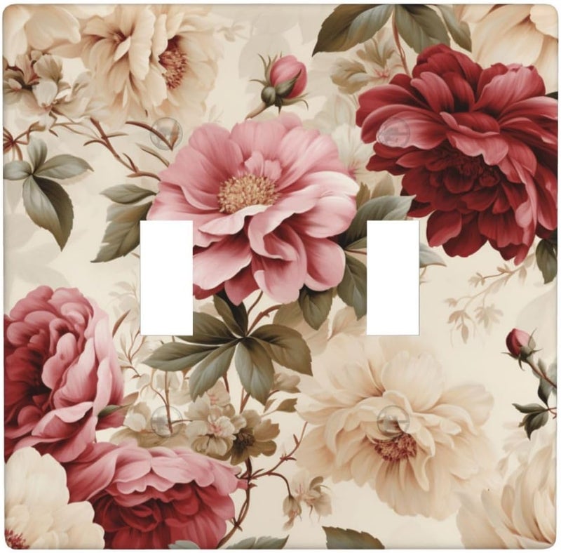 Roses On Distressed And Aged Ivory Double Gang Toggle Light Cover Wall Plate Switch Decor Standard Size - 4.5" X 4.5" - Image 1