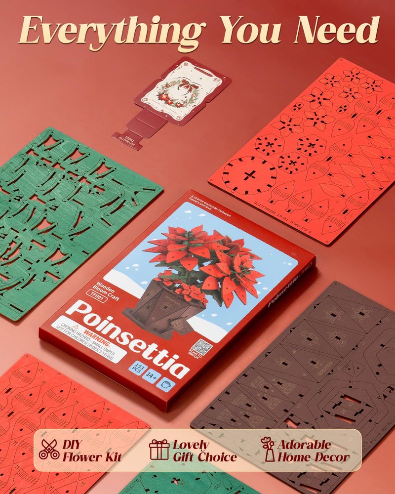 Wowood 3D Flower Wooden Puzzles for Adults-Poinsettia, DIY Wooden Flowers Model Kit Building Set Crafts for Adults to Build, Botanical Collection/Ideal Creative Gift Ideas/Housewarming (153PCS) - Image 3