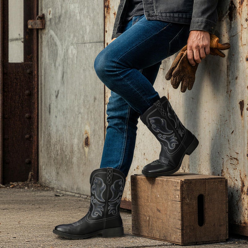TruVeld Men's Western Cowboy Boots with Embroidered Design - Comfortable Square Toe, Durable Wide Toe, Stylish Western Boots for All-Day Wear - Image 2