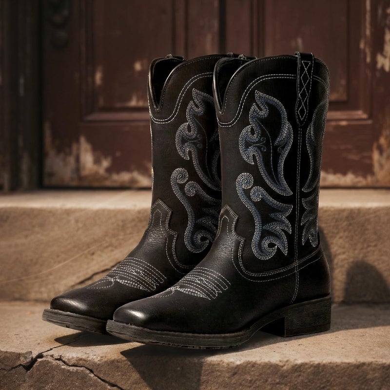 TruVeld Men's Western Cowboy Boots with Embroidered Design - Comfortable Square Toe, Durable Wide Toe, Stylish Western Boots for All-Day Wear - Image 3