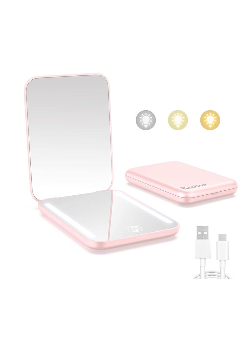 Kintion Kintion Rechargeable Pocket Mirror, Double Sided 1X/3X Magnification Compact Vanity Mirror, 3 Color Lights, Dimmable, Small Portable Wallet Mirror, Lighted Travel Mirror for Women Gifts, Pink - Image 1