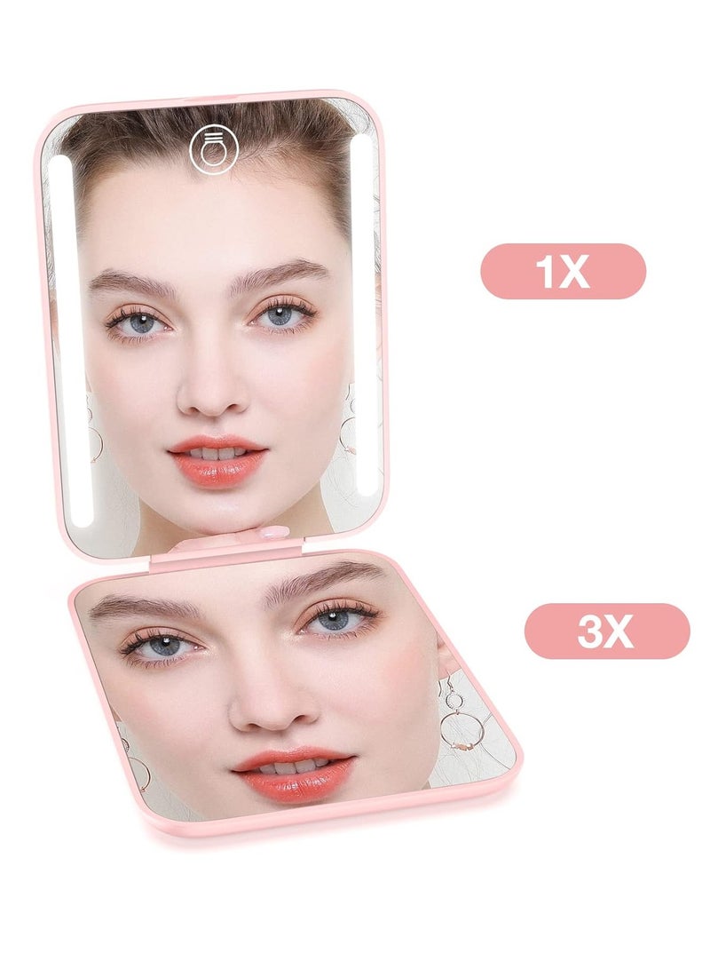 Kintion Kintion Rechargeable Pocket Mirror, Double Sided 1X/3X Magnification Compact Vanity Mirror, 3 Color Lights, Dimmable, Small Portable Wallet Mirror, Lighted Travel Mirror for Women Gifts, Pink - Image 3