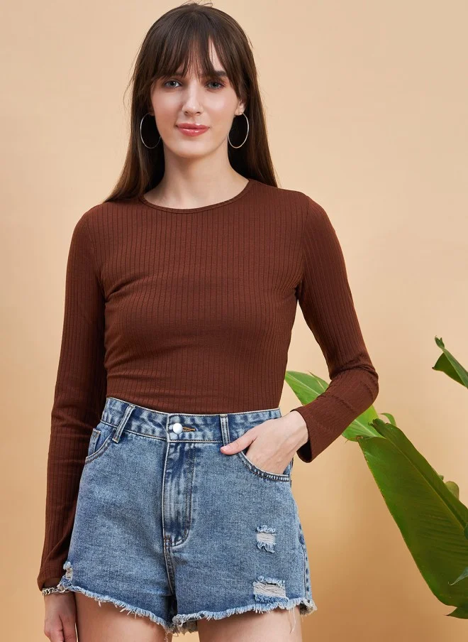 MINT STREET Ribbed Brown Long Sleeve Top for Women