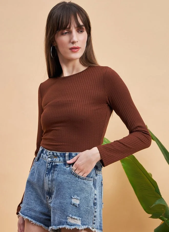 مينت ستريت بلوزة نسائية بأكمام طويلة بنقشة مضلعة باللون البني