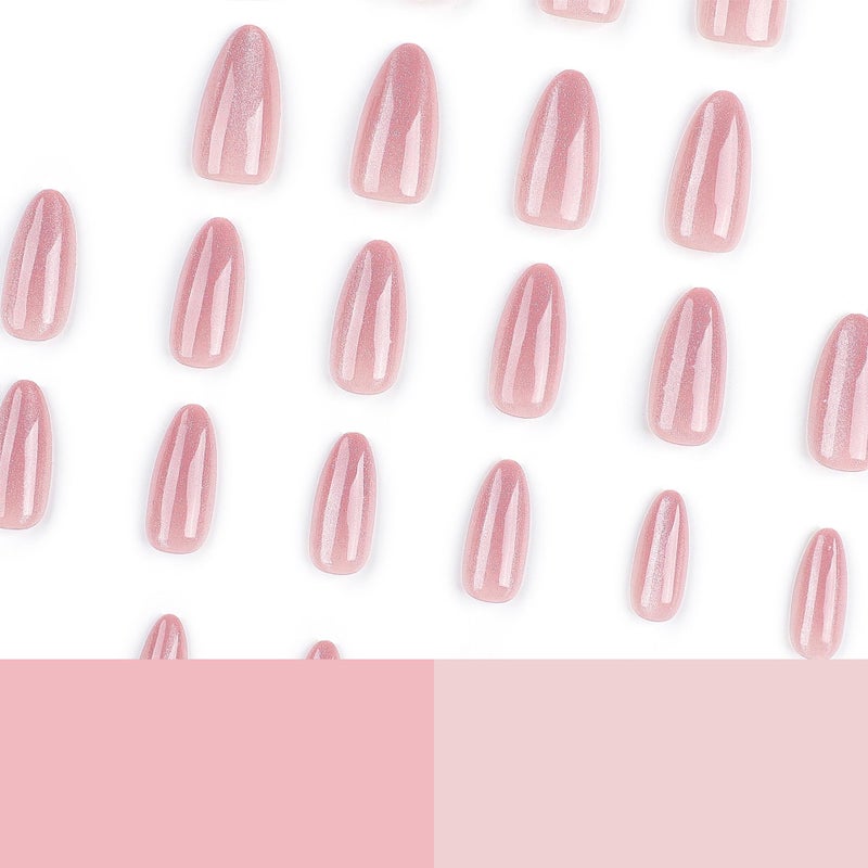 CTTHNBD Almond Press on Nails Medium - Pink Fake Nails with Glitter Design - Glossy False Nails Full Cove Stick on - for Women 24 Pcs - Image 3