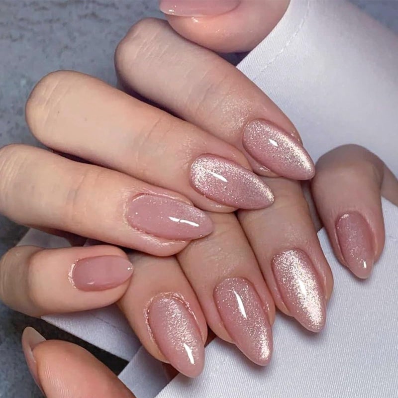 CTTHNBD Almond Press on Nails Medium - Pink Fake Nails with Glitter Design - Glossy False Nails Full Cove Stick on - for Women 24 Pcs - Image 1