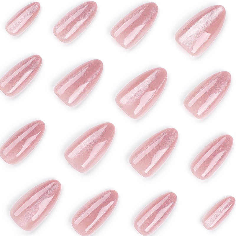 CTTHNBD Almond Press on Nails Medium - Pink Fake Nails with Glitter Design - Glossy False Nails Full Cove Stick on - for Women 24 Pcs - Image 4