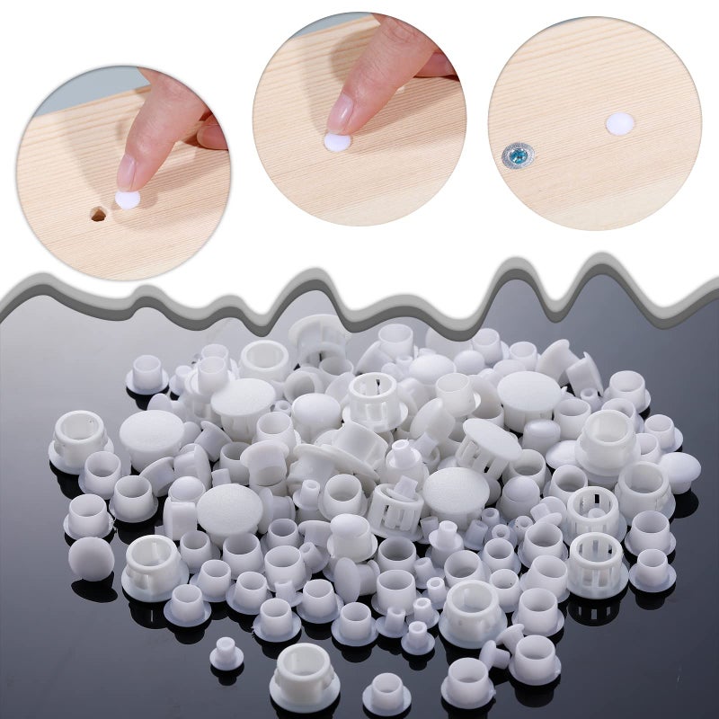 Qunclay 100 Pieces 4 Sizes White Hole Plugs 3/16", 5/16", 3/8", 1/2" Round Plastic Cabinet Screw Hole Plugs Covers Insert End Caps for Furniture Shelf Kitchen Door - Image 3