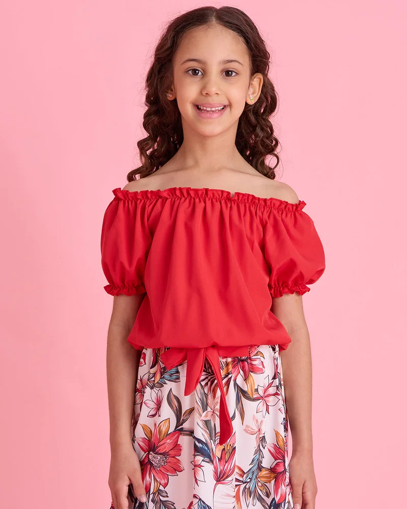 ردتاغ Girls Red Printed Top And Skirt Casual Set
