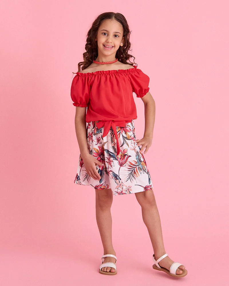 ردتاغ Girls Red Printed Top And Skirt Casual Set