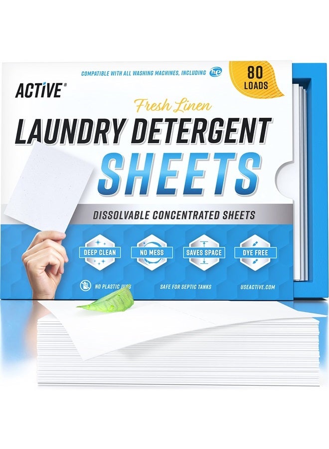 Active شرائح منظف الغسيل البيئية - 80 غسلة، شرائح غسيل بدون سائل برائحة منعشة، شريط غسيل سفر بدون نفايات، شرائح قابلة للذوبان لتوفير المساحة لآلات الغسيل عالية الكفاءة - برائحة الكتان - Image 1