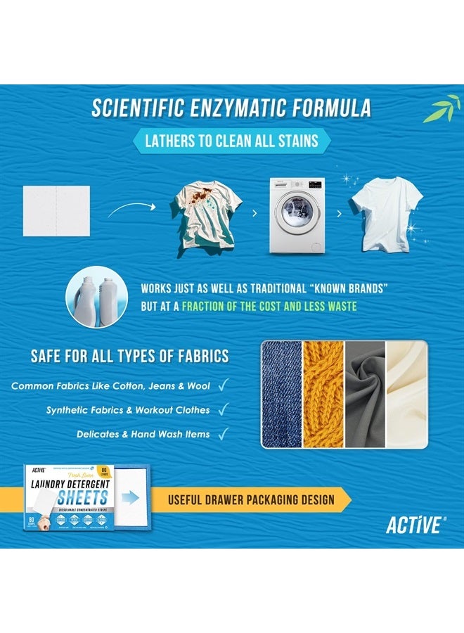 Active شرائح منظف الغسيل البيئية - 80 غسلة، شرائح غسيل بدون سائل برائحة منعشة، شريط غسيل سفر بدون نفايات، شرائح قابلة للذوبان لتوفير المساحة لآلات الغسيل عالية الكفاءة - برائحة الكتان - Image 4
