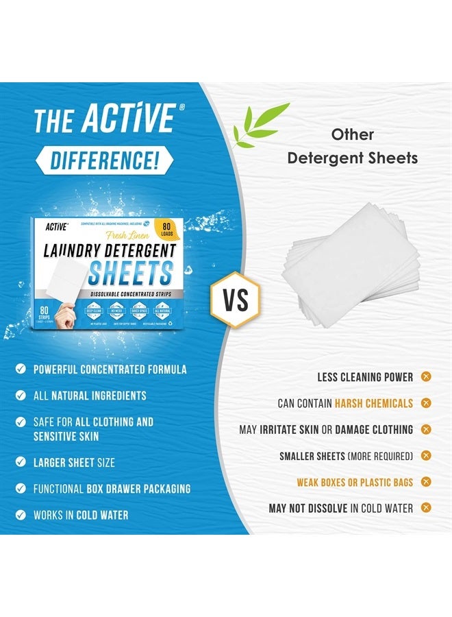 Active شرائح منظف الغسيل البيئية - 80 غسلة، شرائح غسيل بدون سائل برائحة منعشة، شريط غسيل سفر بدون نفايات، شرائح قابلة للذوبان لتوفير المساحة لآلات الغسيل عالية الكفاءة - برائحة الكتان - Image 3