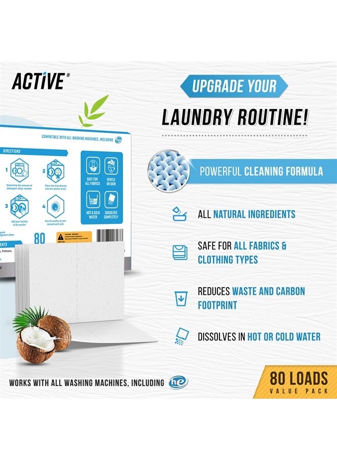 Active شرائح منظف الغسيل البيئية - 80 غسلة، شرائح غسيل بدون سائل برائحة منعشة، شريط غسيل سفر بدون نفايات، شرائح قابلة للذوبان لتوفير المساحة لآلات الغسيل عالية الكفاءة - برائحة الكتان - Image 2