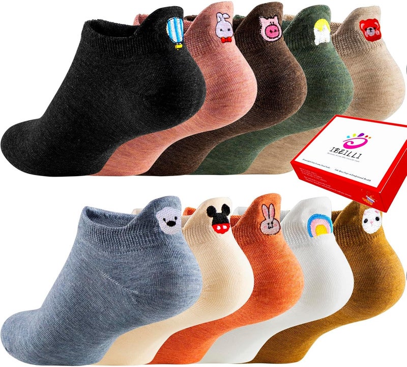IBEILLI Women Cute Socks 10 Pairs Cotton Kawaii Embroidered Funny Low Cut Ankle Socks for Women Girls - Image 1