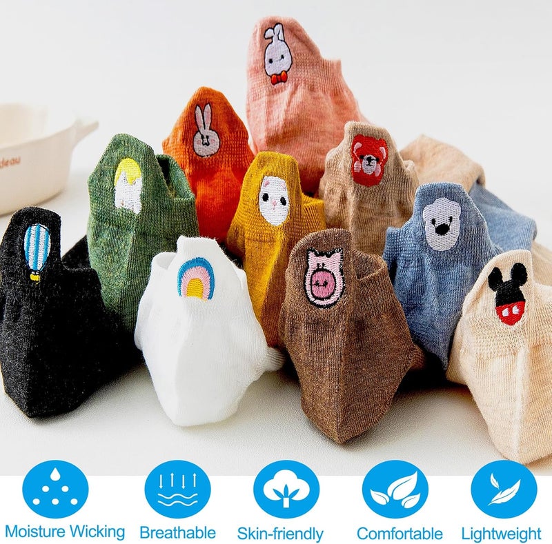 IBEILLI Women Cute Socks 10 Pairs Cotton Kawaii Embroidered Funny Low Cut Ankle Socks for Women Girls - Image 2