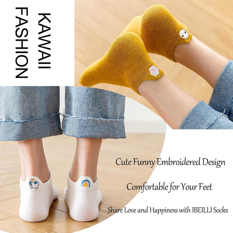 IBEILLI Women Cute Socks 10 Pairs Cotton Kawaii Embroidered Funny Low Cut Ankle Socks for Women Girls - Image 5