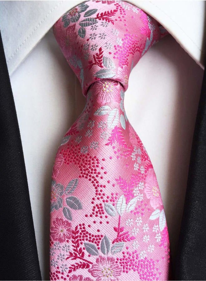Secdtie Men's Pink White Tie Floral Party Wedding Woven Silk Paisley Necktie B05 - Image 2