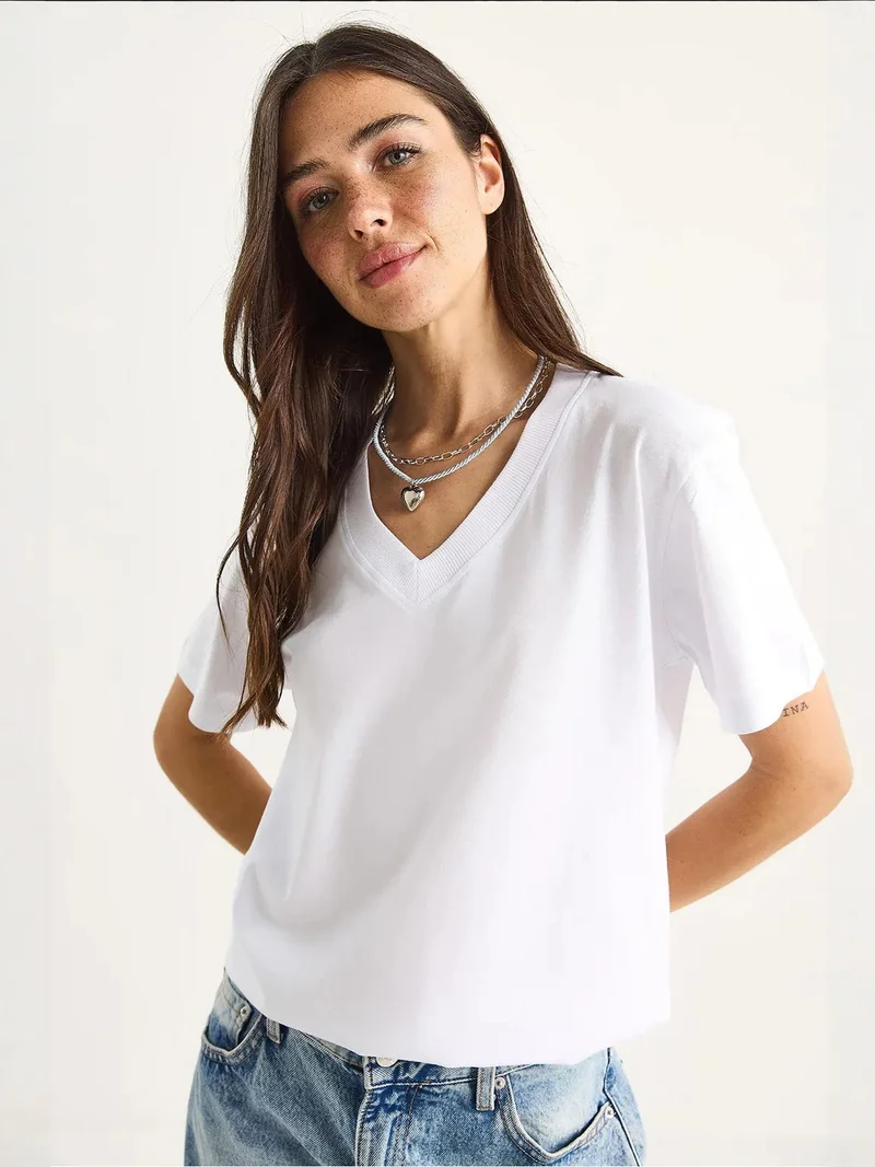 Bianco Lucci White LUCCI Comfort Fit V-Neck Combed Cotton T-Shirt for Women | Best Price UAE