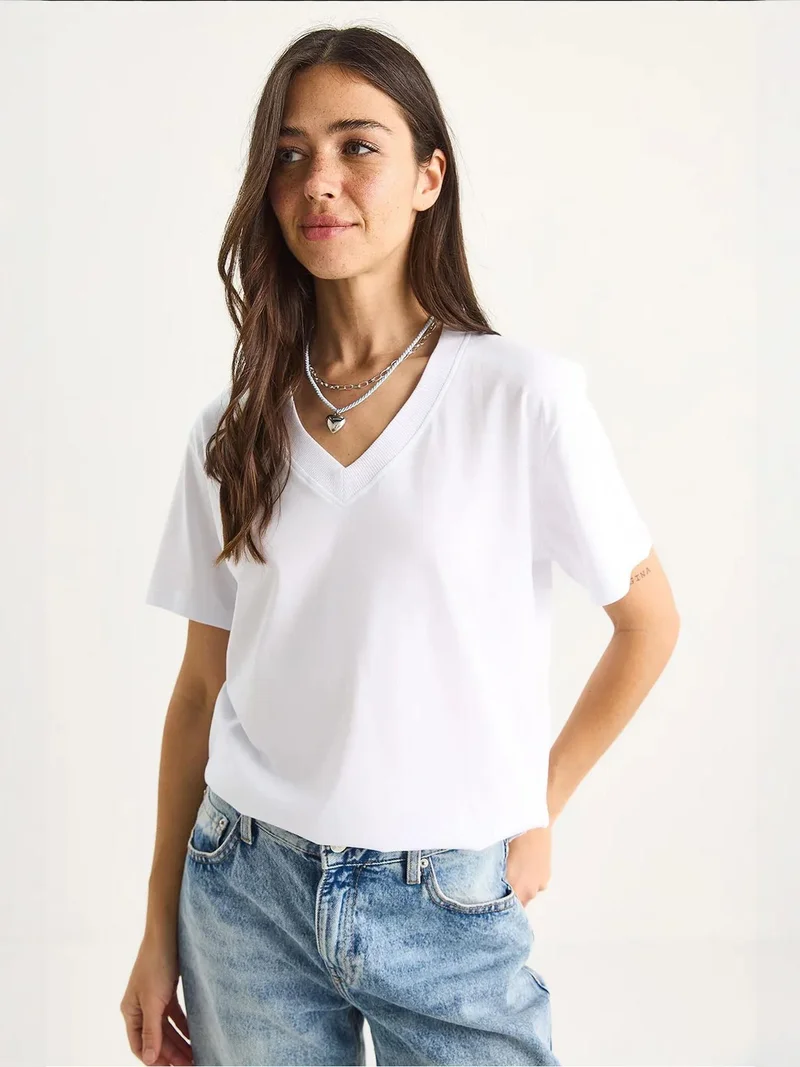 Bianco Lucci White LUCCI Comfort Fit V-Neck Combed Cotton T-Shirt for Women | Best Price UAE